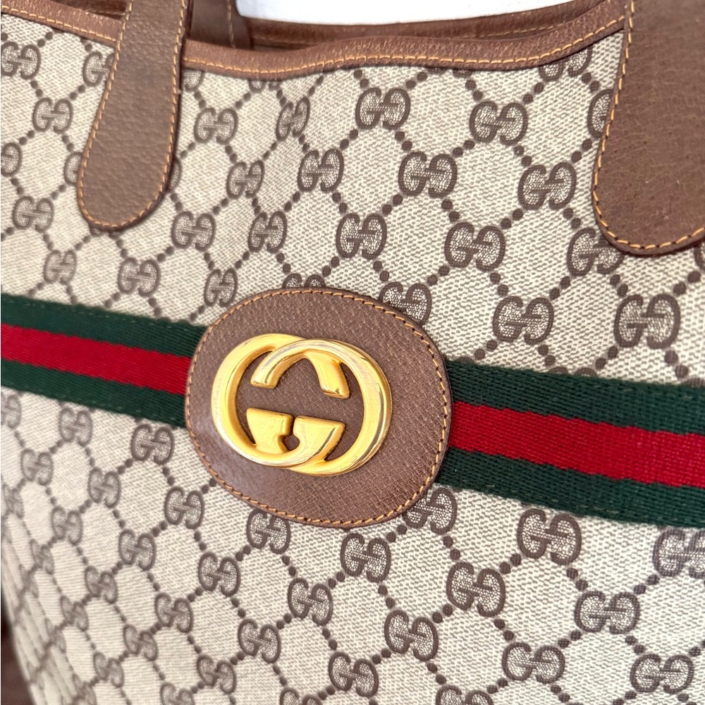 Authentic Gucci brown monogram coated canvas large tote bag leather trims - Picture 13 of 16